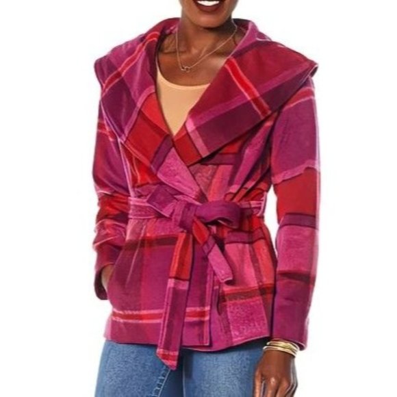 Colleen Lopez Plaid Wool-Blend Belted Jacket 766-956 Berry Small - Picture 1 of 2